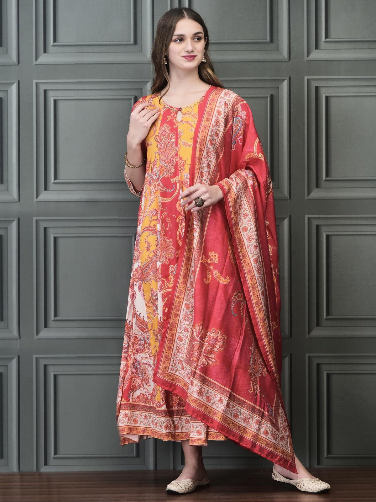 Women Liva (Rayon) Multicolor Paisley Print Dress With Chanderi Dupatta