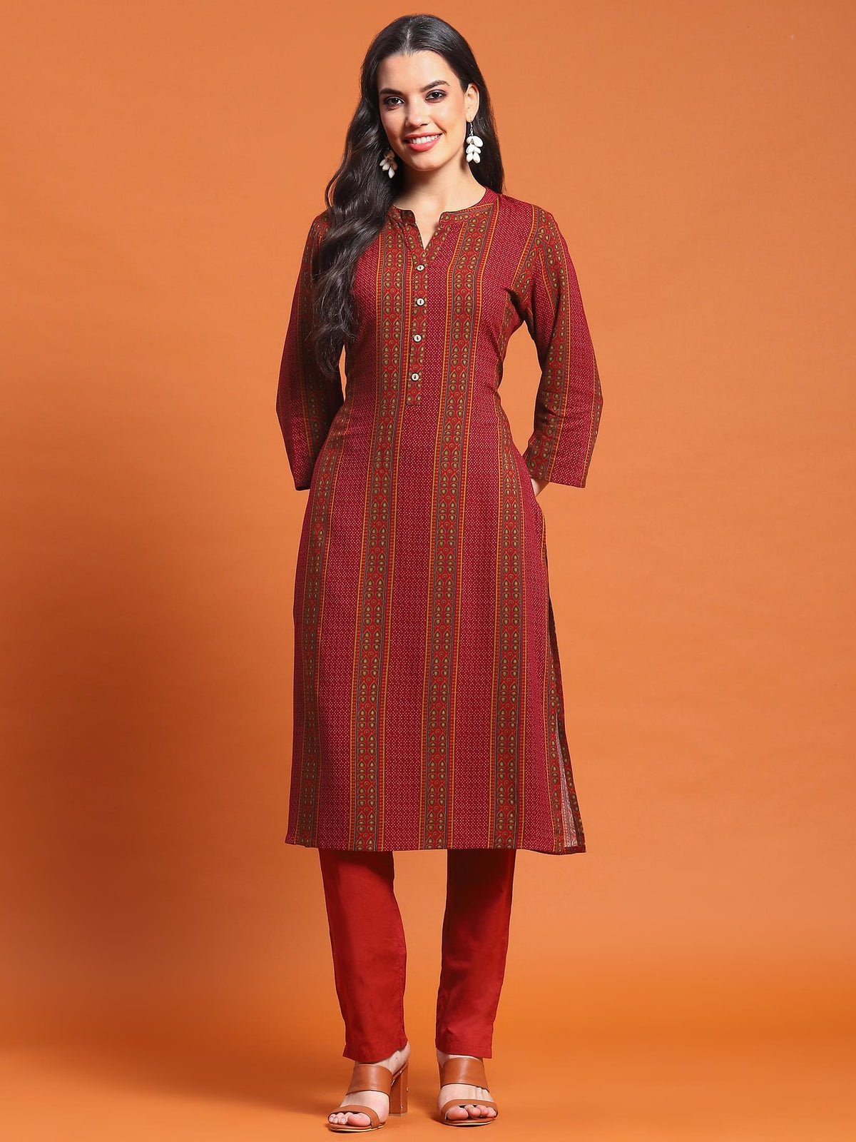 Women Maroon Stripe Print Kurta