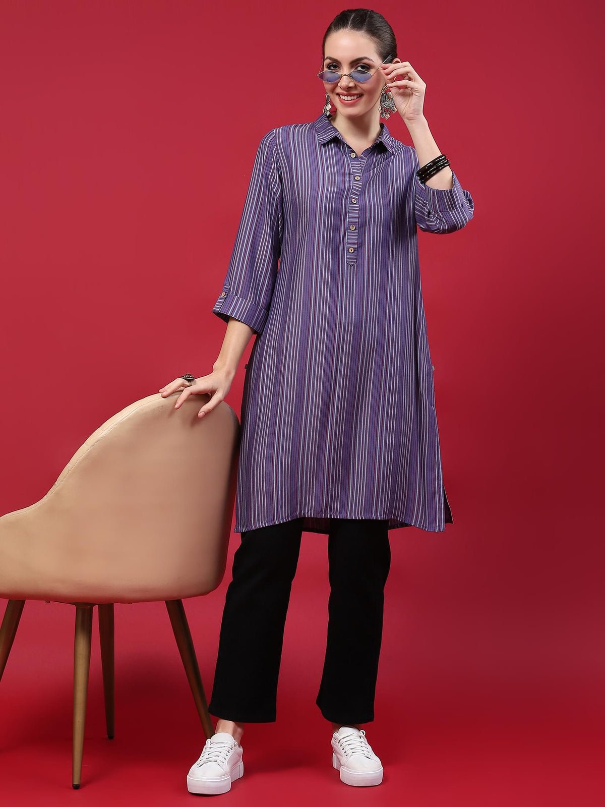 Women Blue Stripe Printed Kurti