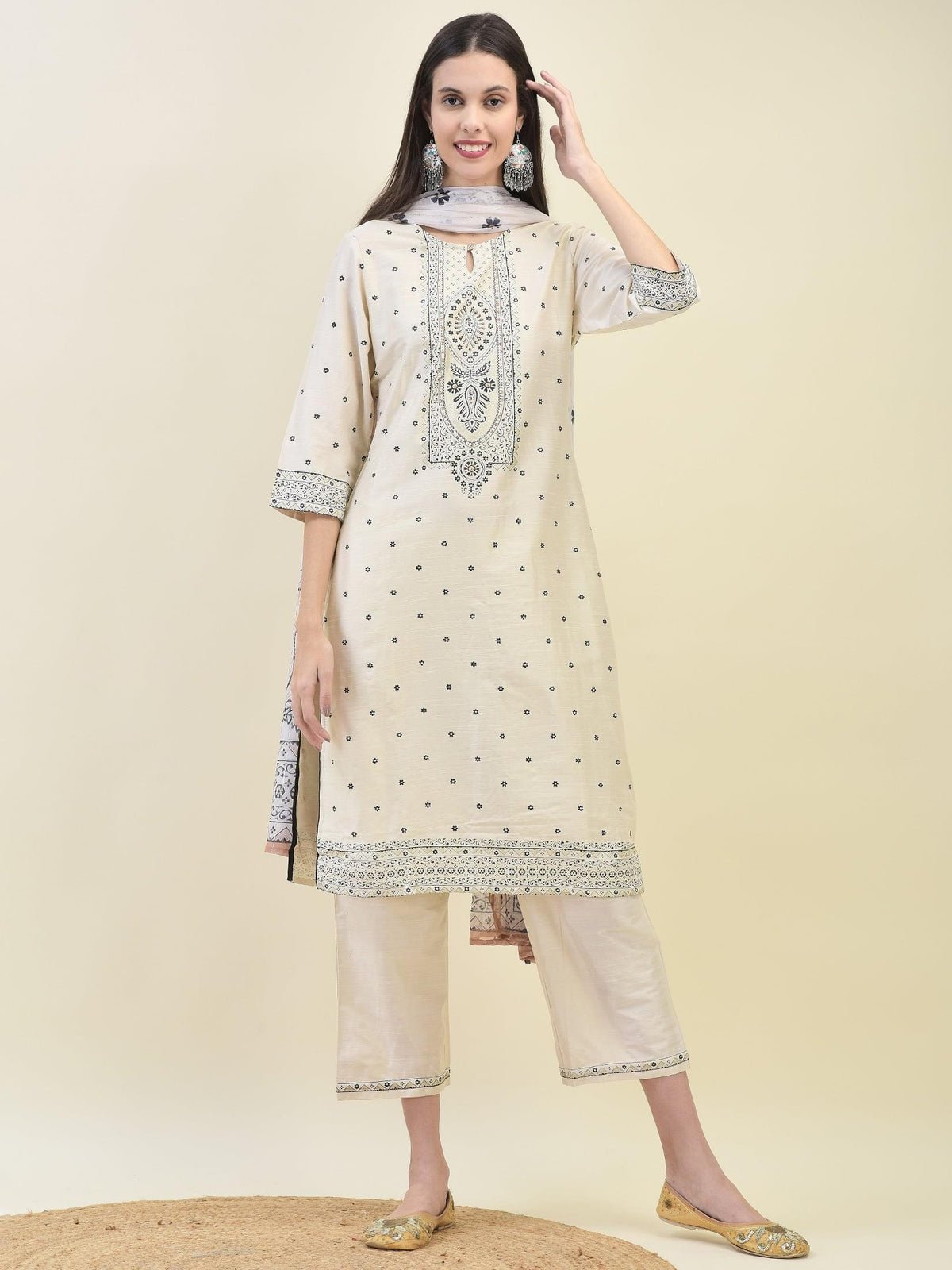 Women Silk Blend Beige Ornamental Print Kurta Comfort Pant Dupatta