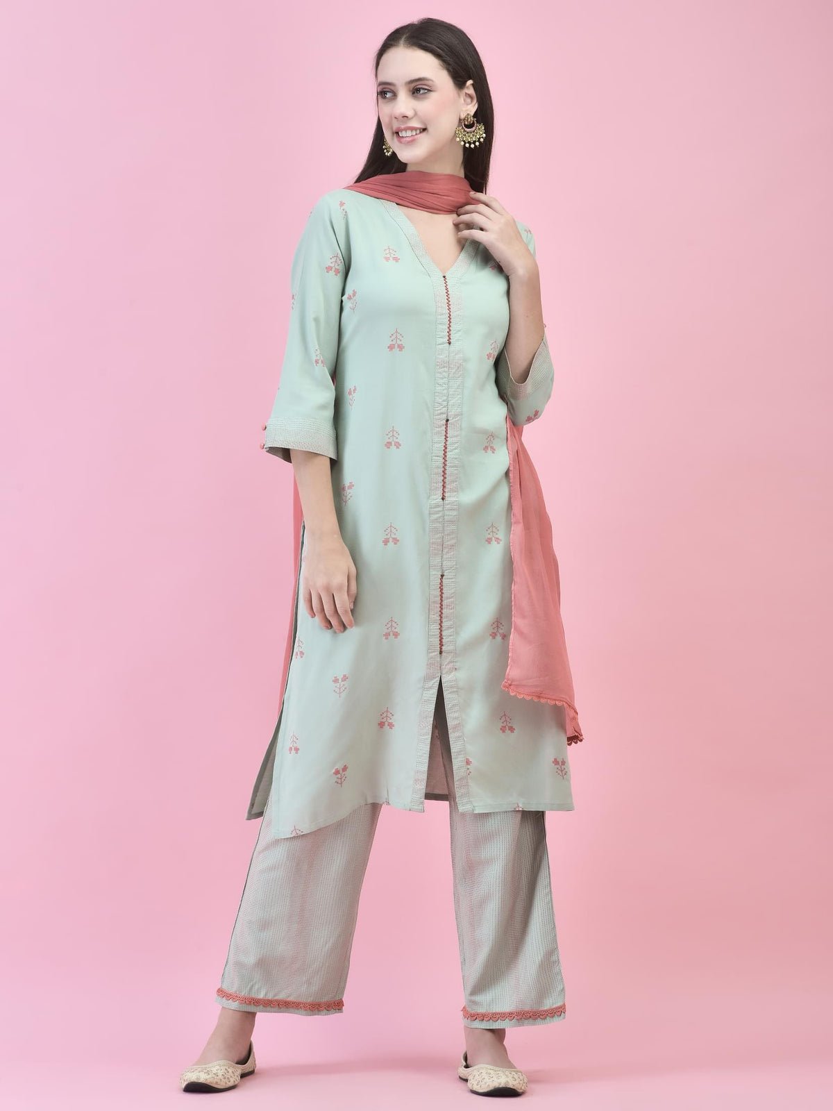 Women Liva (Rayon) Green Printed Kurta Comfort Pant Dupatta