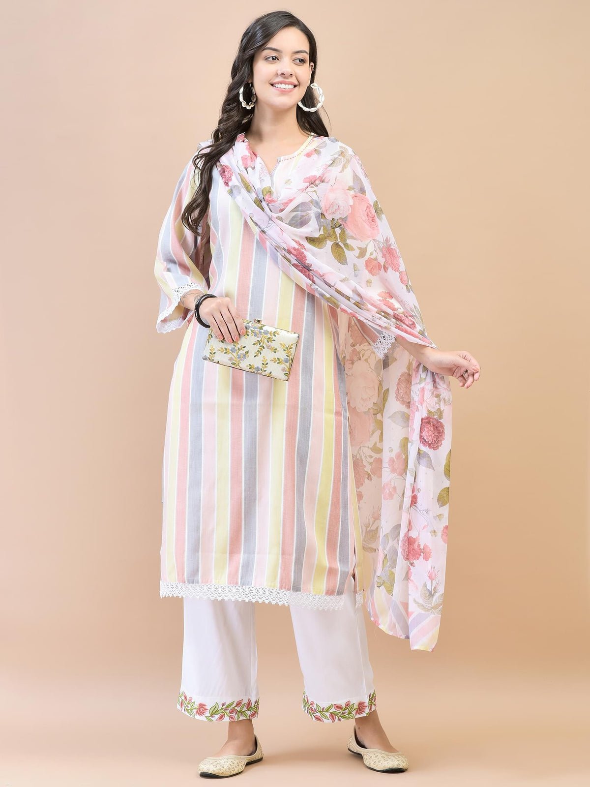 Women Poly Viscose Multicolor Yarn Dyed Kurta Comfort Pant Dupatta
