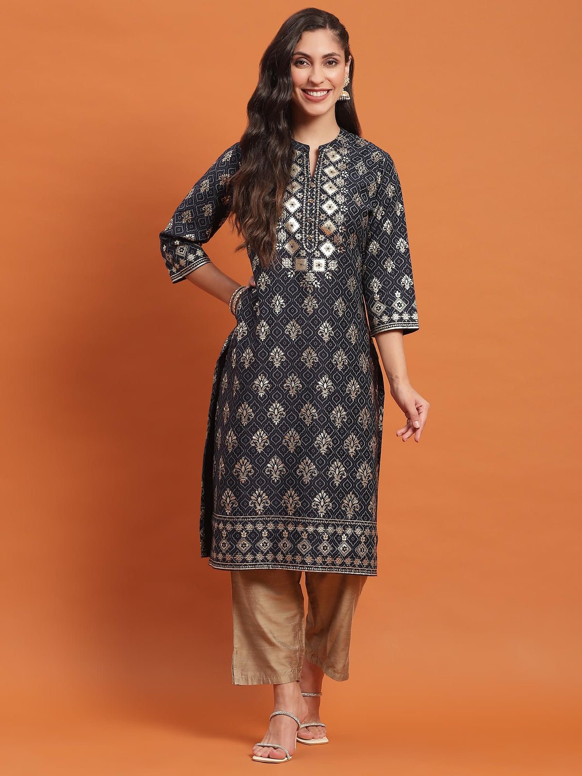 Women Navy Blue Floral Print Kurta