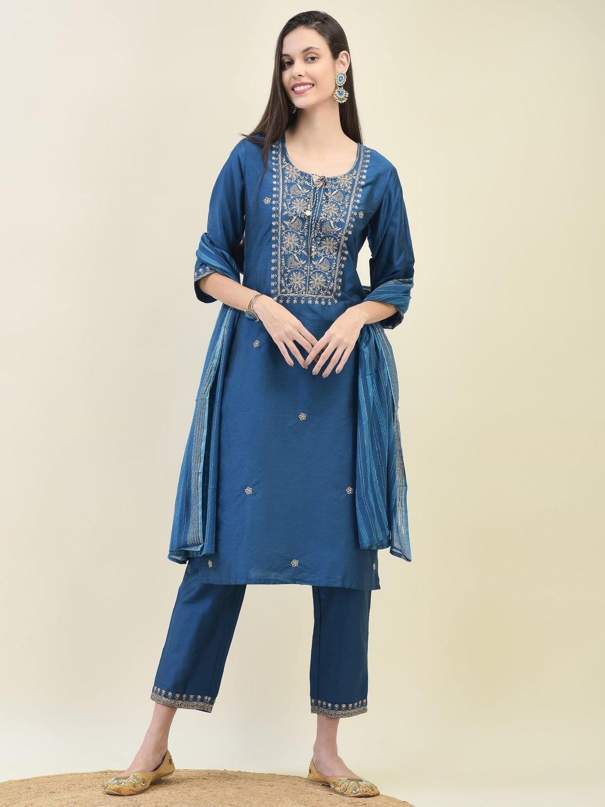 Women Silk Blend Blue Embroidered Kurta Trouser Dupatta