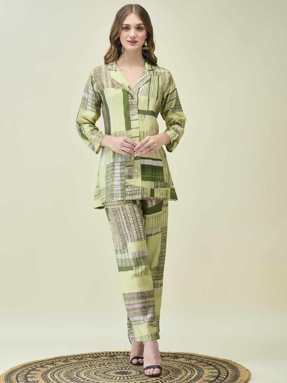Women Liva Khadi Silk Multicolor Geometric Print Co-Ord Set