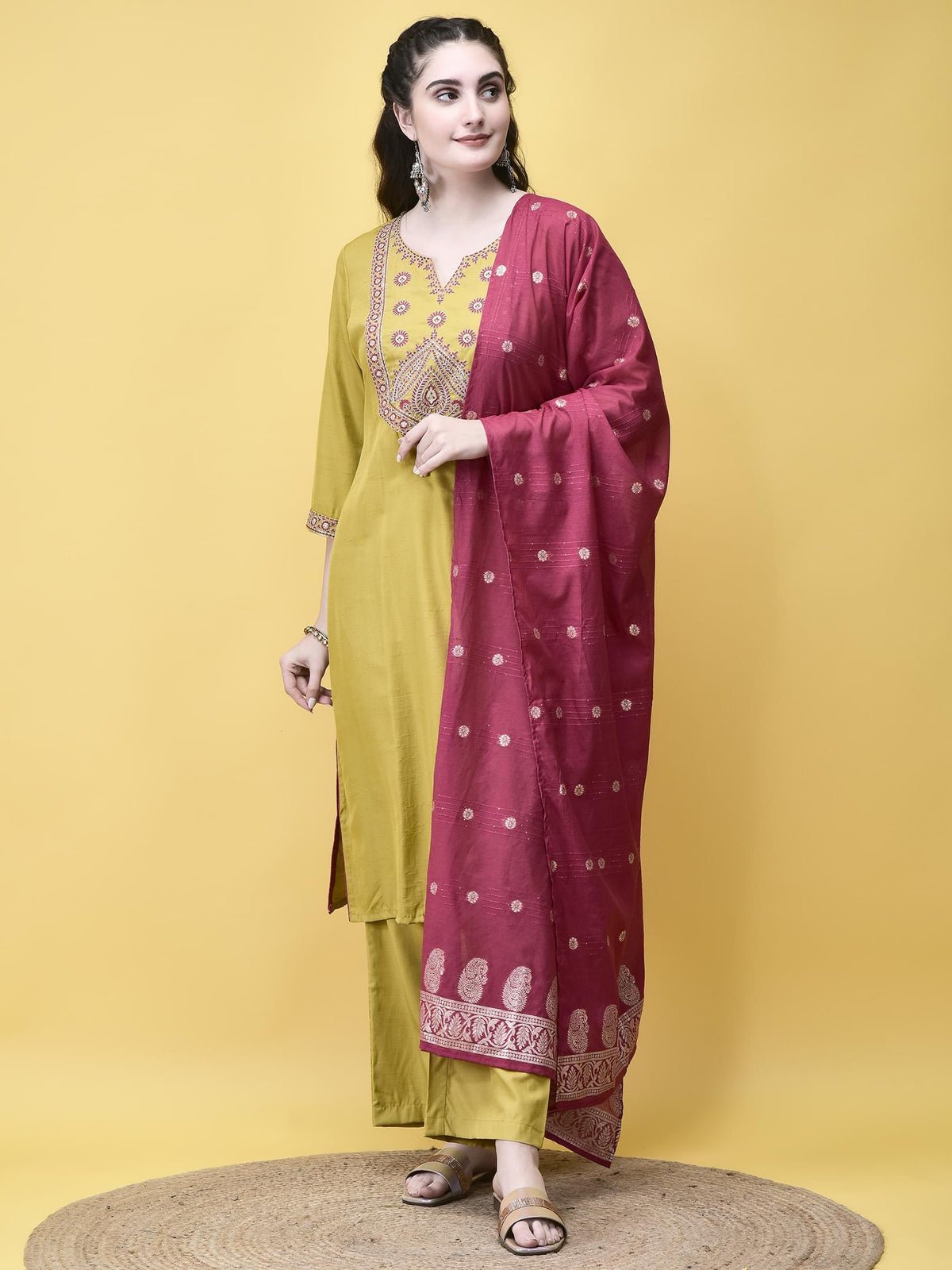 Women Poly Viscose Lime Embroidered Kurta Comfort Pant Dupatta