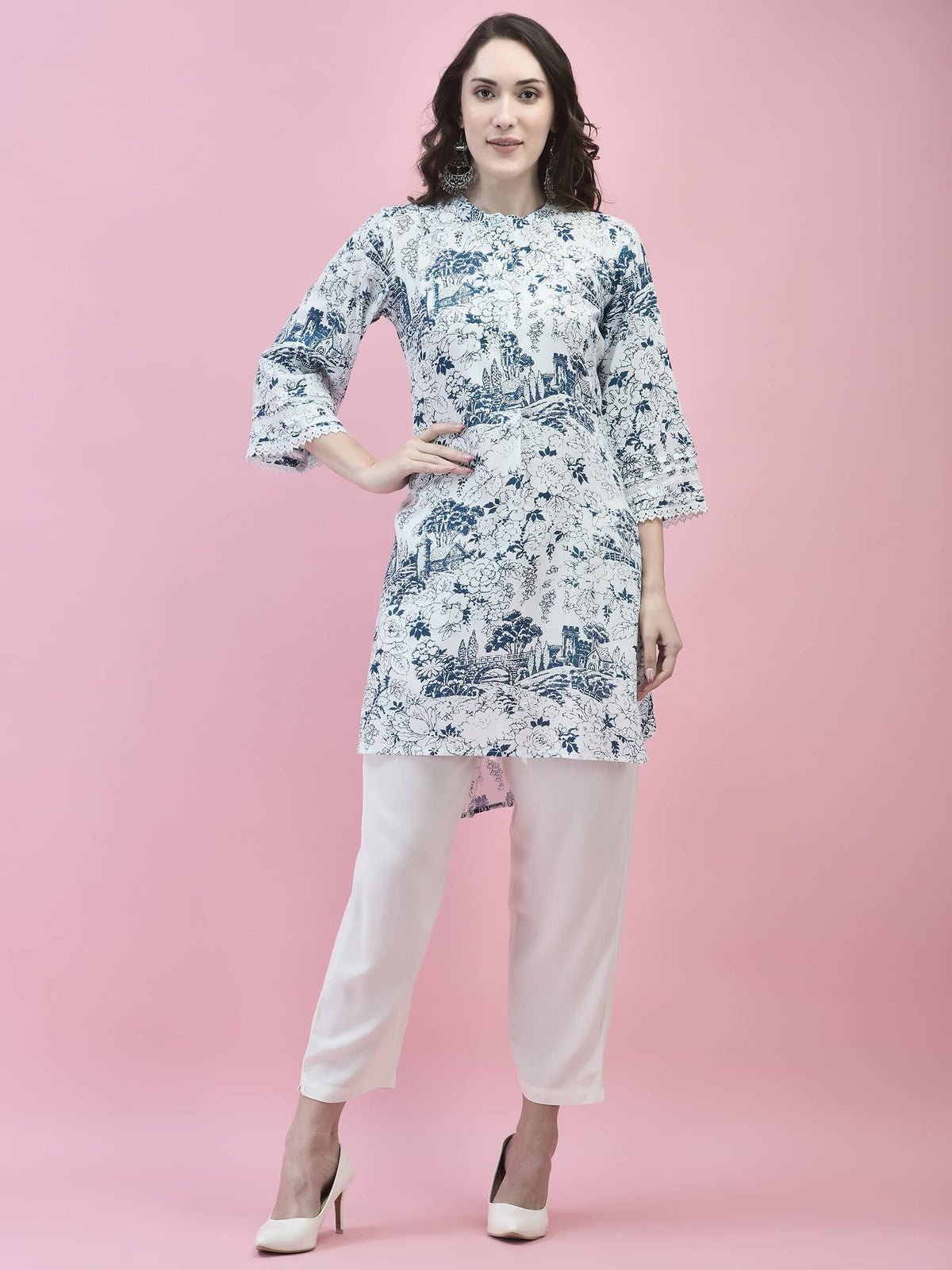 Women Liva Rayon White Floral Print Kurti