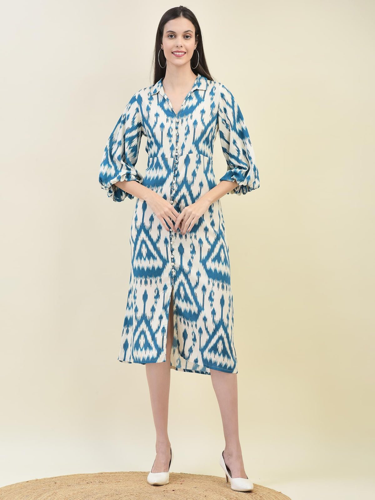 Women Liva Rayon Teal Ikat Print Dress