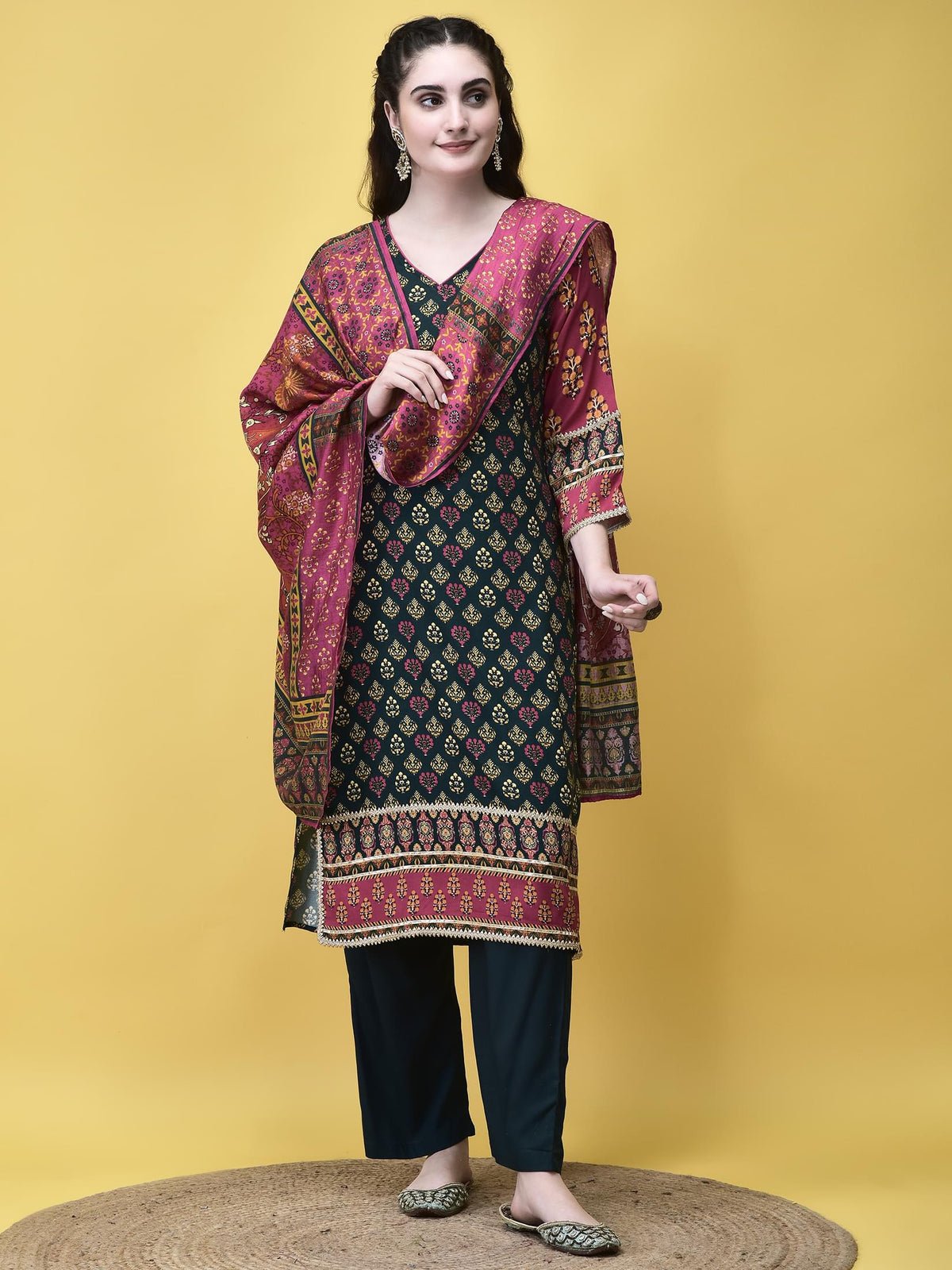 Women Liva Rayon Blue Butti Print Kurta Comfort Pant Dupatta