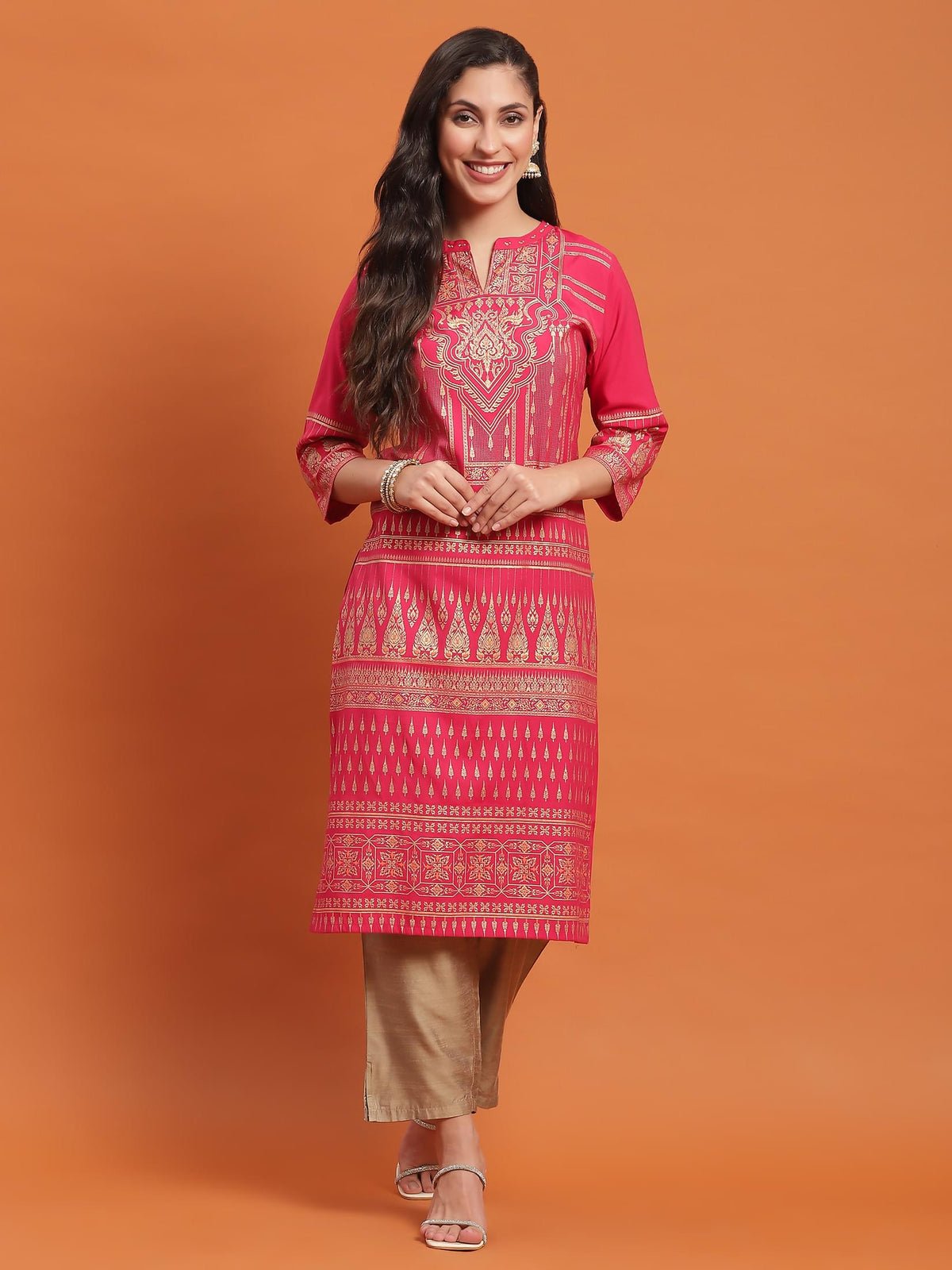 Women Fuchsia Ornamental Print Kurta
