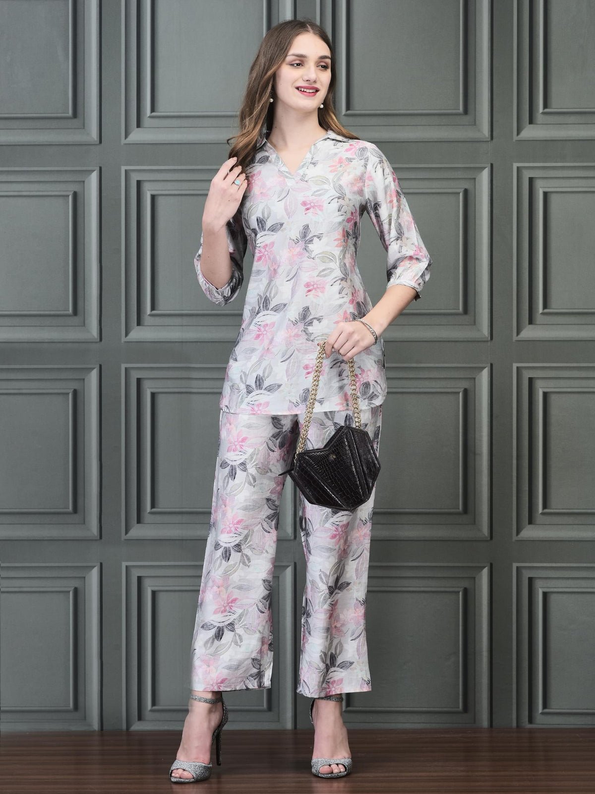 Women Khadi Silk Sage Green Multi color Floral Print Co-Ord Set