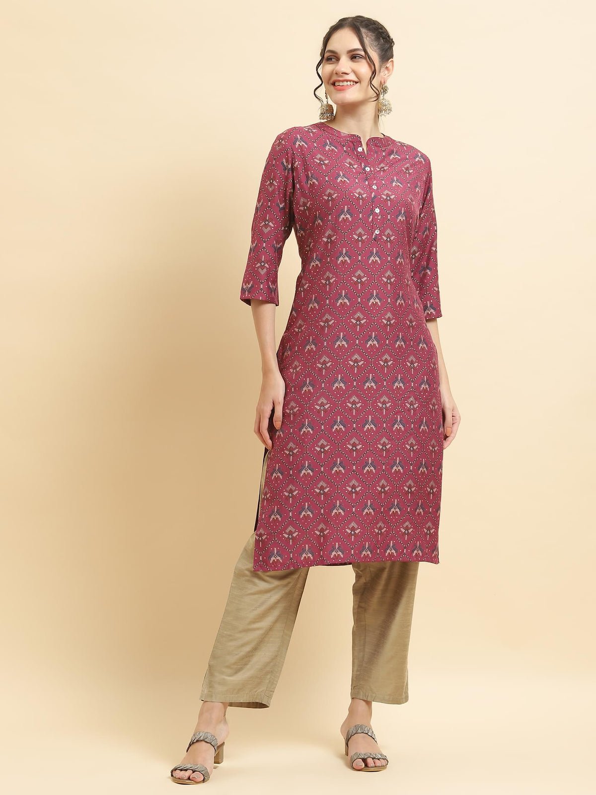 Women Muslin Burgundy Aztec Print Kurta