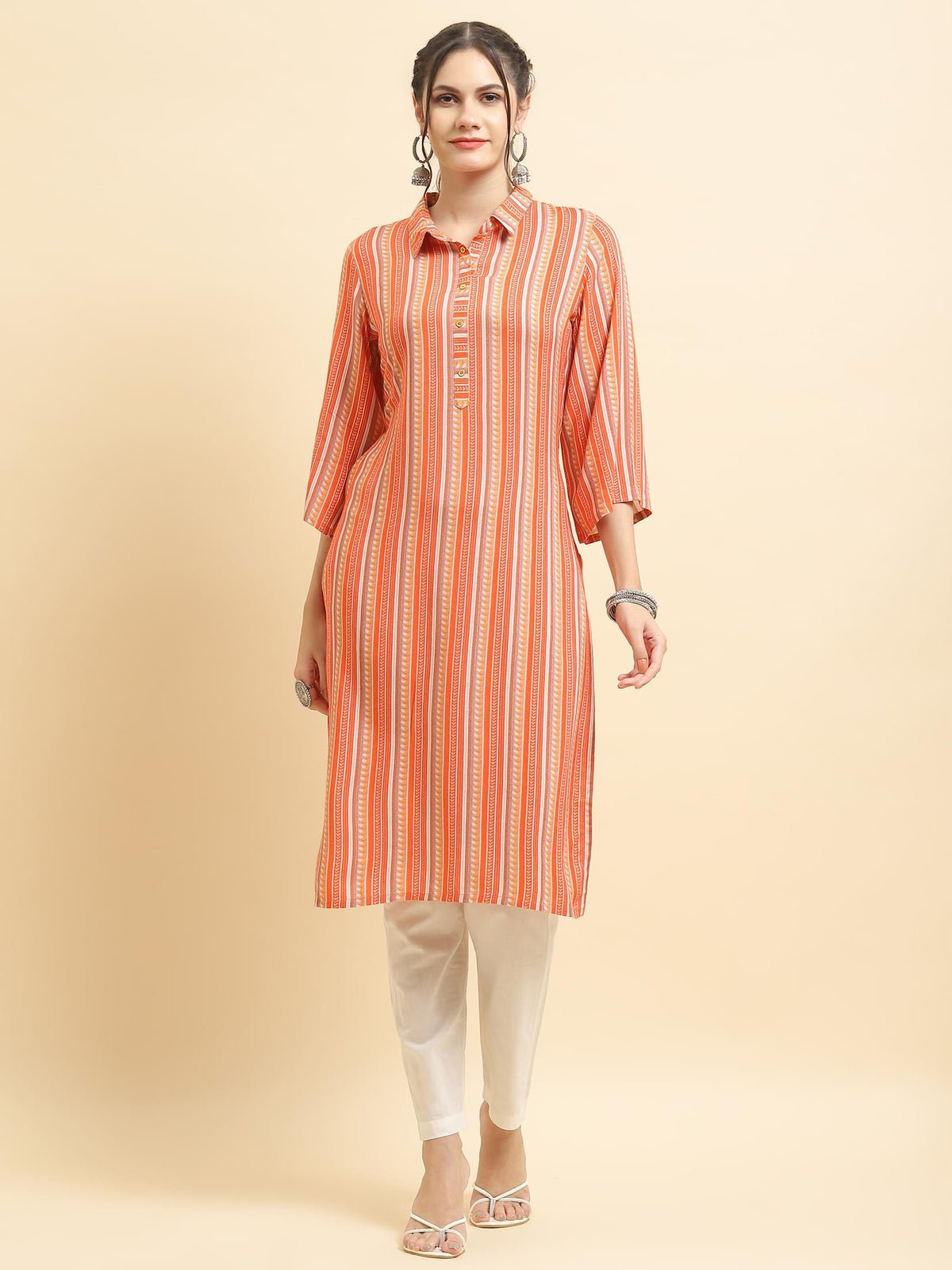 Women Liva Rayon Peach Stripe Print Kurta