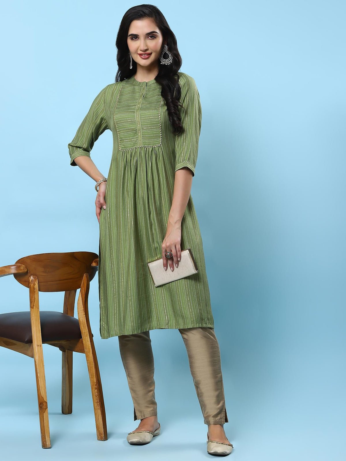 Women Green Stripe Printed Kurta