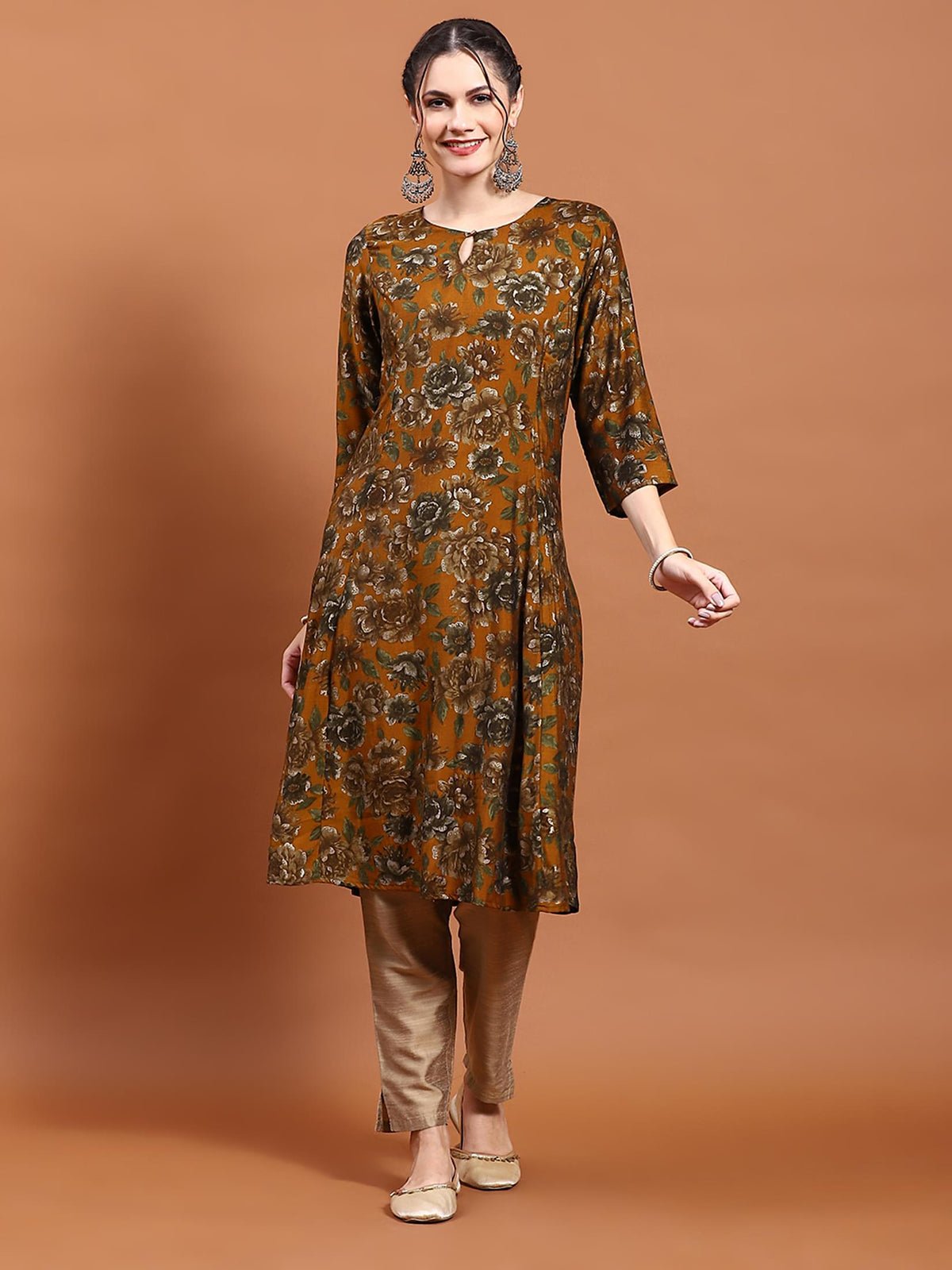 Women Mustard Floral Print Kurta