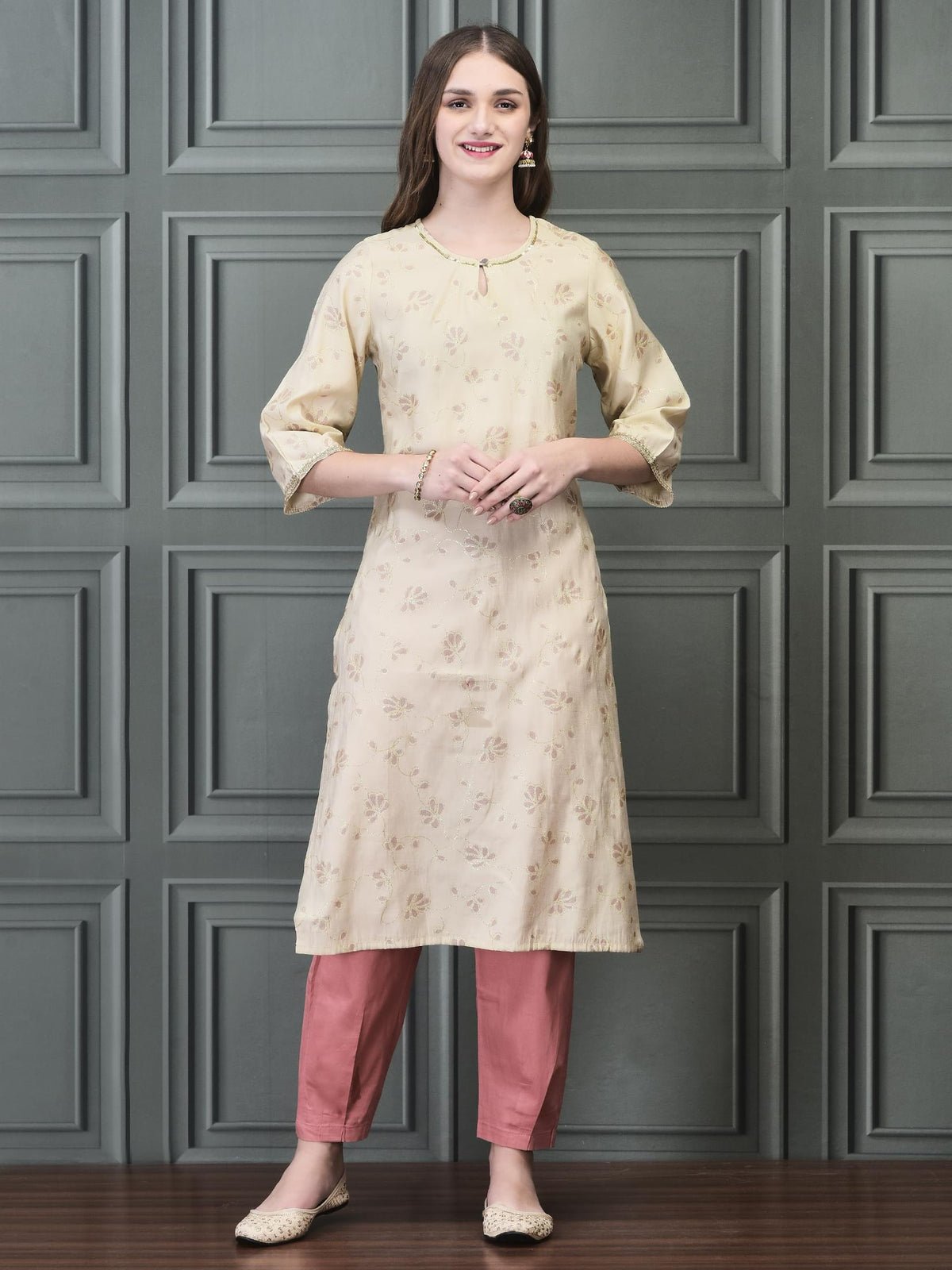 Women Liva Beige Printed Kurta