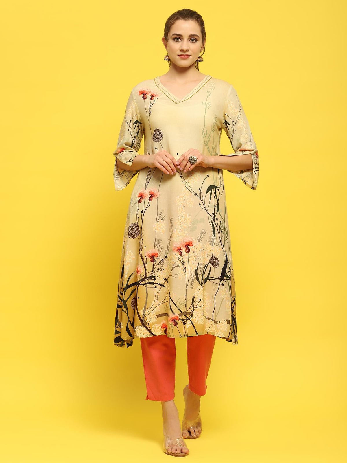 Women Liva Rayon Olive Floral Print Kurta