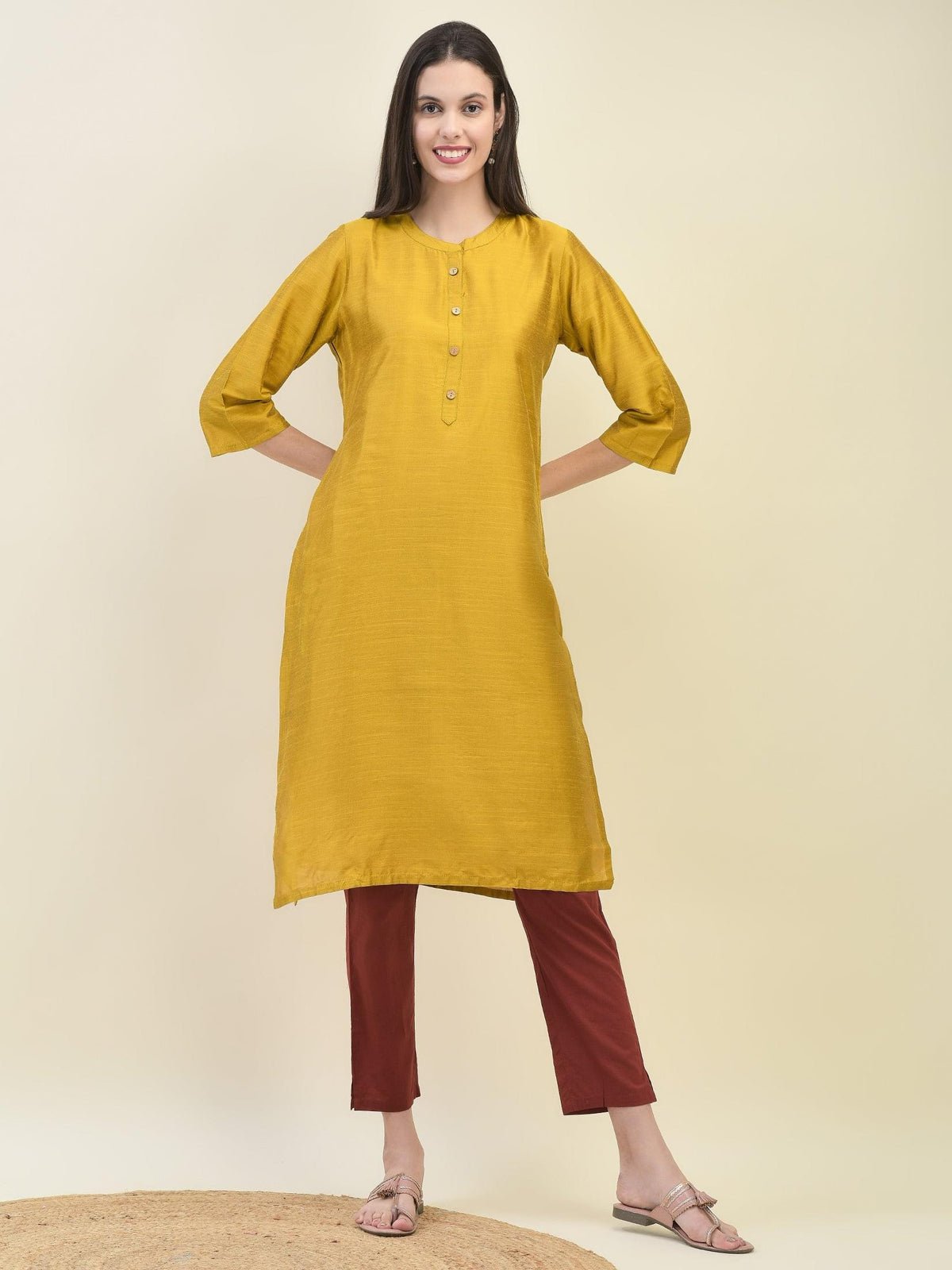 Women Silk Blend Mustard Solid Kurta