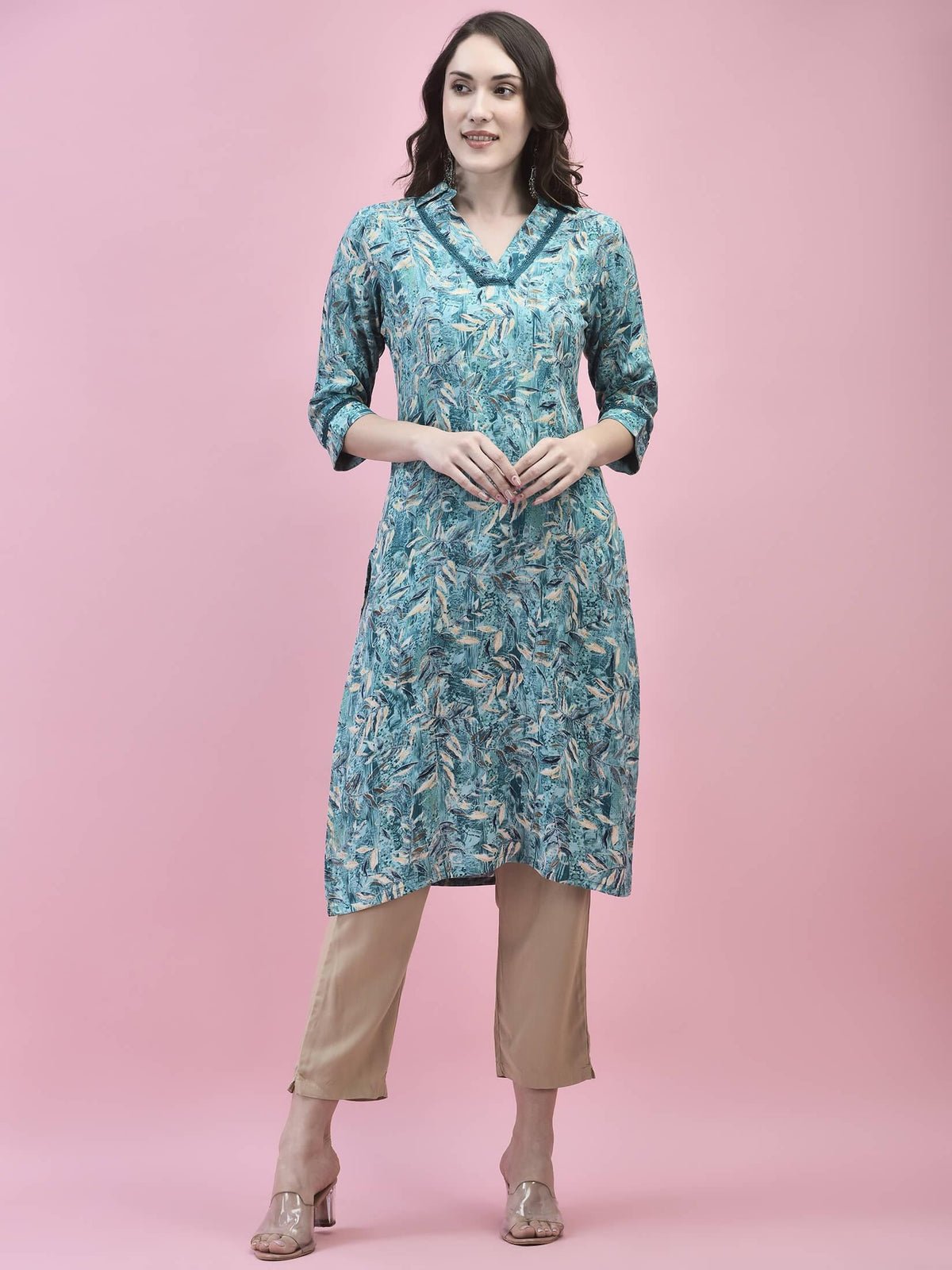 Women Liva Rayon Blue Floral Print Kurta