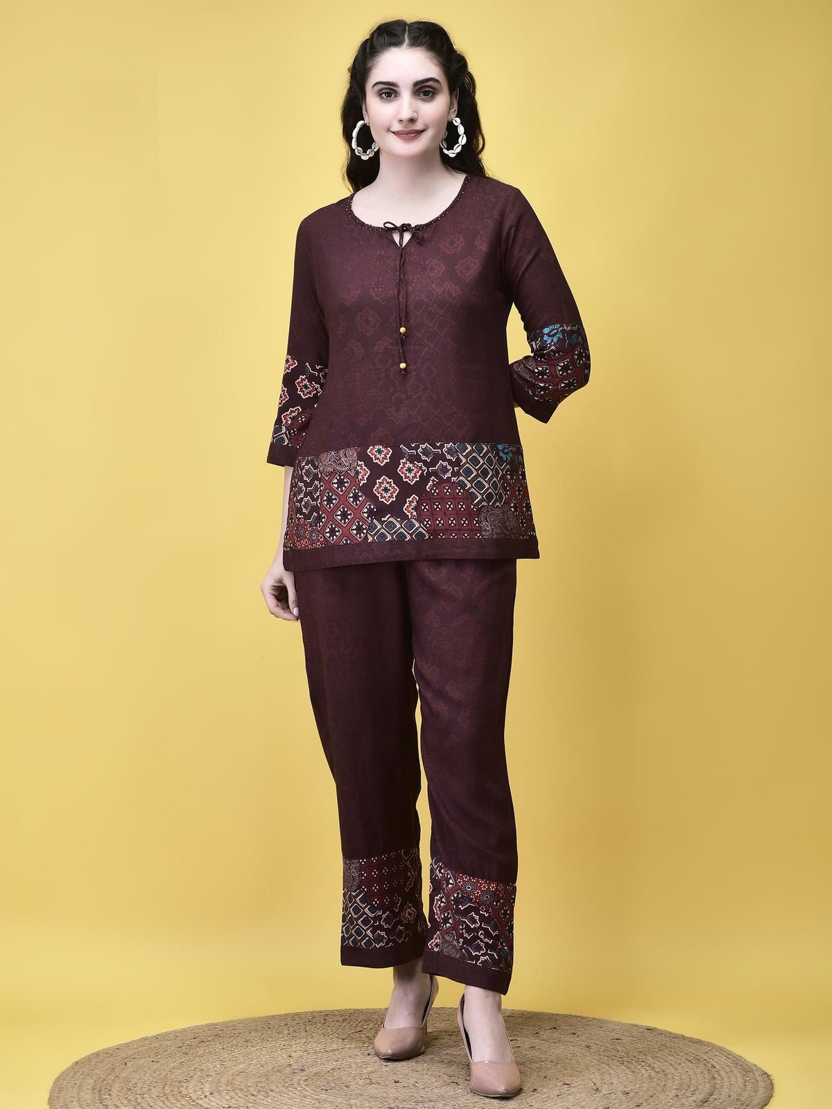 Women Liva Maroon Ajrakh Print Co-Ord Set