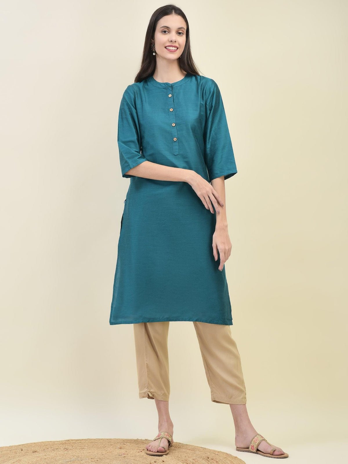 Women Silk Blend Teal Solid Kurta