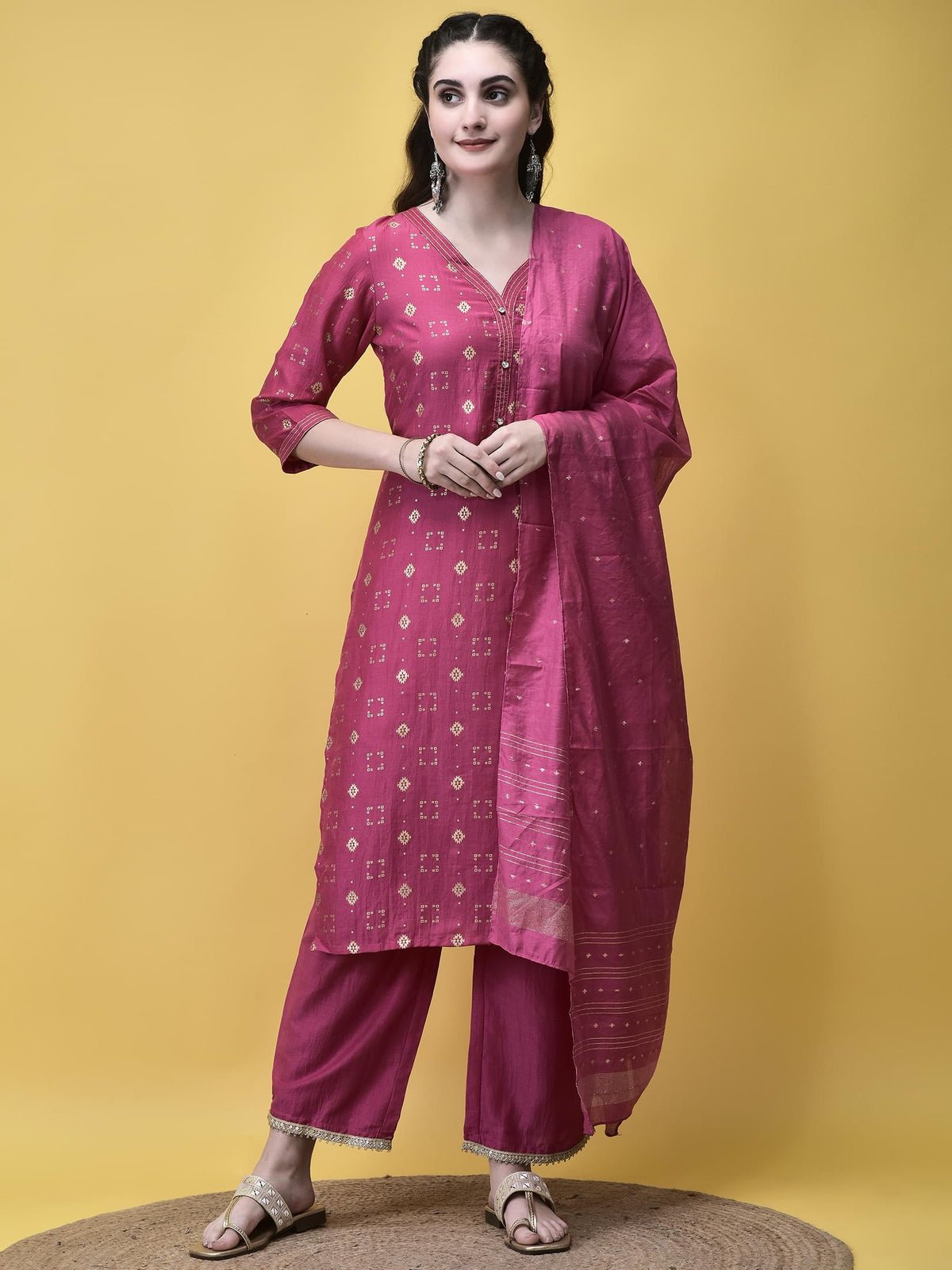Women Liva Fuchsia Pink Geometric Print Kurta Comfort Pant Chanderi Dupatta
